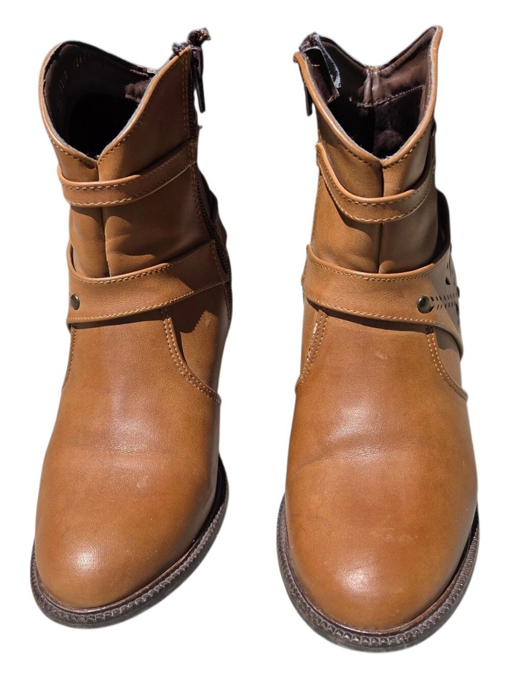 Tu Exploras Tan Leather Laser Cutout Boho Cowgirl Booties Heel Size Women's 8